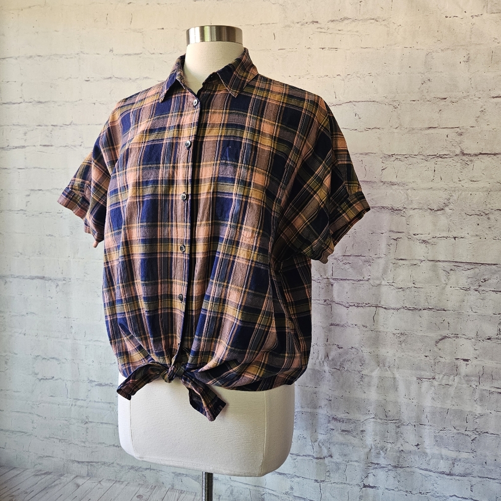 Madewell Plaid Tie Hem Button Front Short Sleeve Shirt Navy Blue Peach Medium - Picture 2 of 12